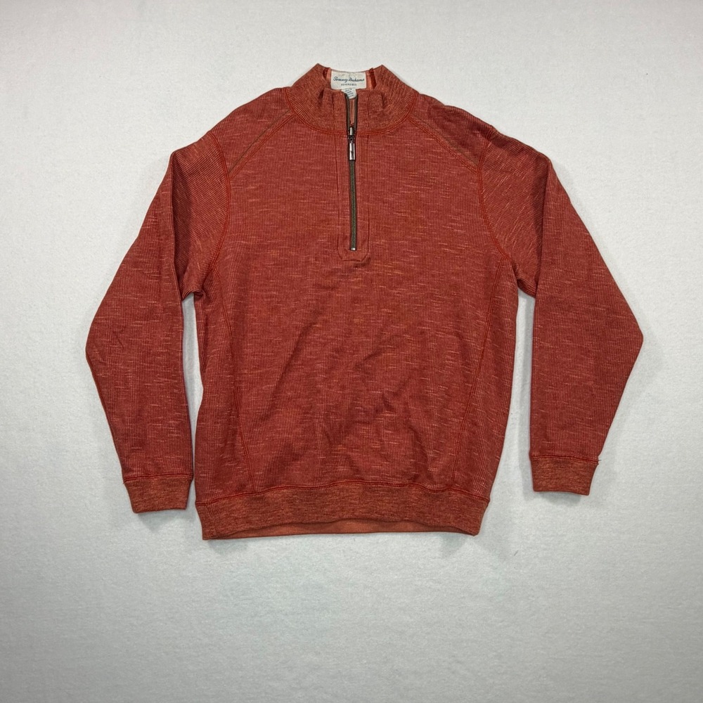 Tommy Bahama Mens Reversible Quarter Zip Pullover Orange Heather Medium